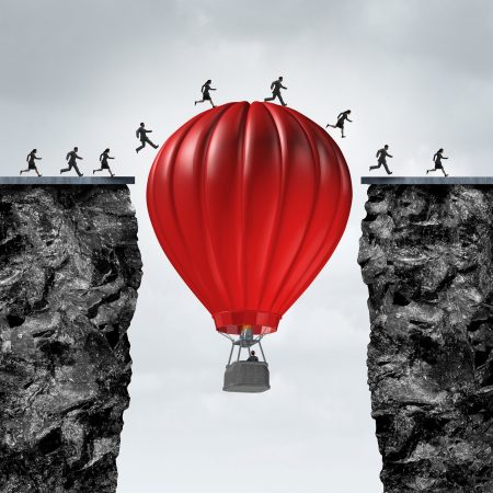 Opportunity manager and problem solver business concept as red air balloon creating a support link to help a team of businesspeople cross towards a corporate goal to success with 3D illustration elements.